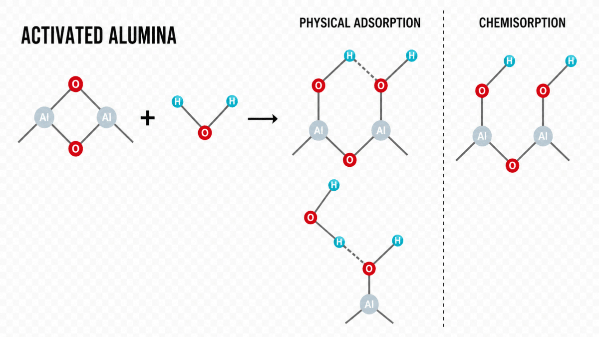 activated alumina adsorption mechanism showing surface interaction with water molecules