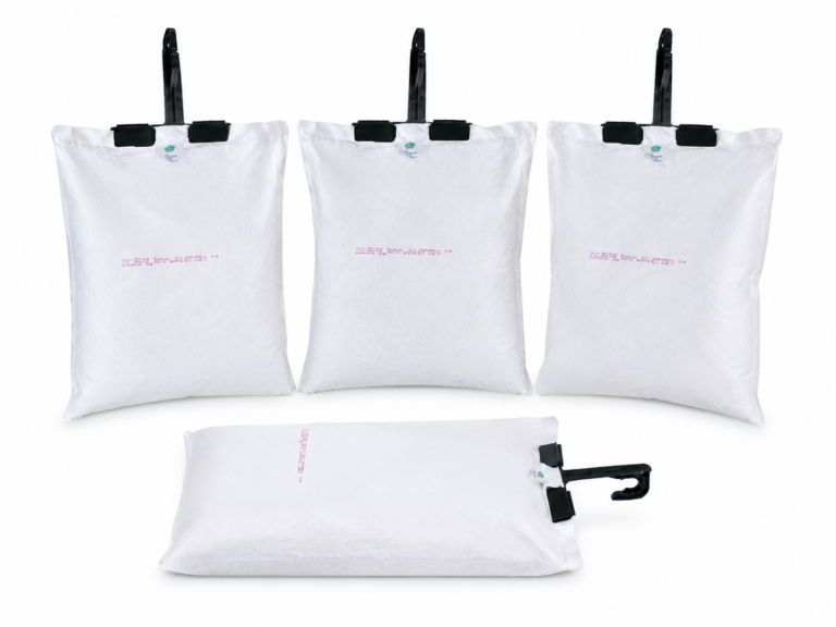 Set of ES K desiccant bags with hanging hooks on a white background