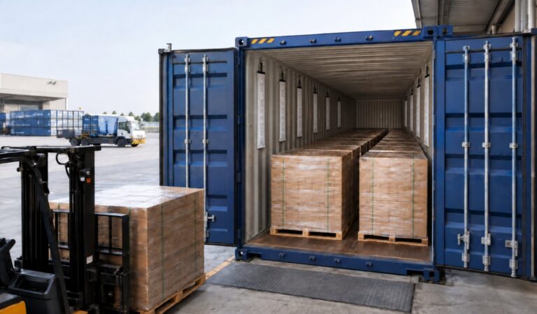 Illustration of a shipping container with palletised cargo and desiccant strips hanging on the side walls