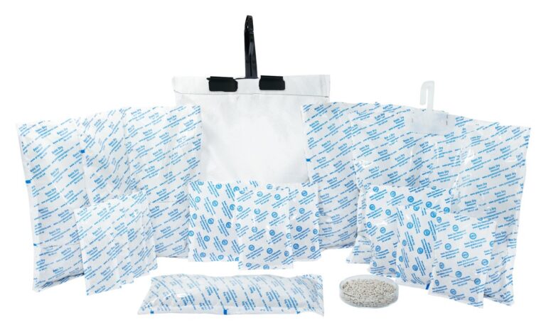 ES desiccant sachets in several sizes with container desiccant bags with hooks and a dish of granular filling