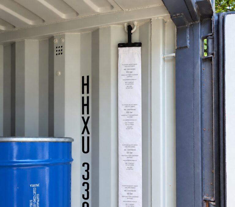 ES Gel container desiccant strip hanging on a hook inside a shipping container