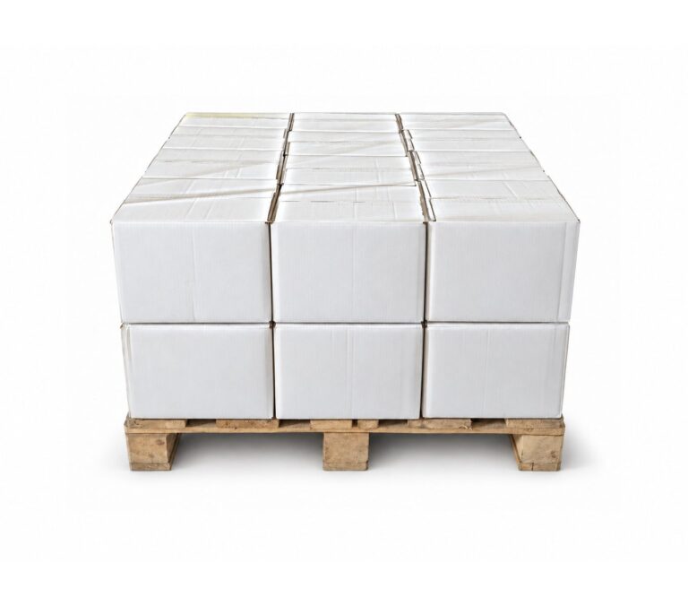 White transport cartons stacked on a wooden pallet